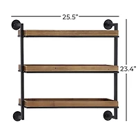 Brown Wood Black Metal Pipe Frame Wall Shelf