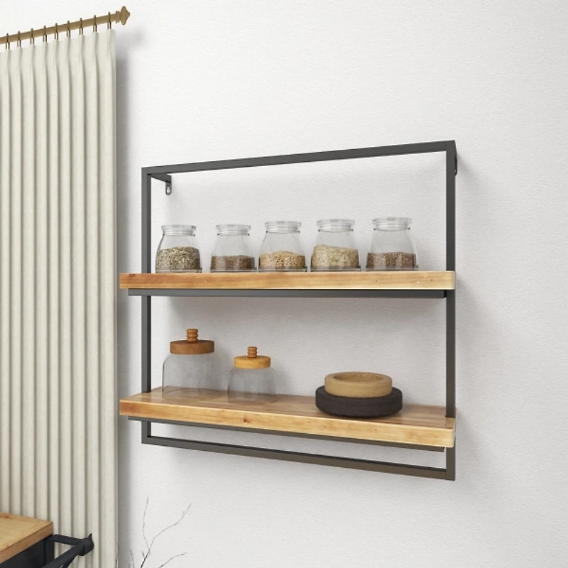 Brown Wood Black Metal Frame Wall Shelves