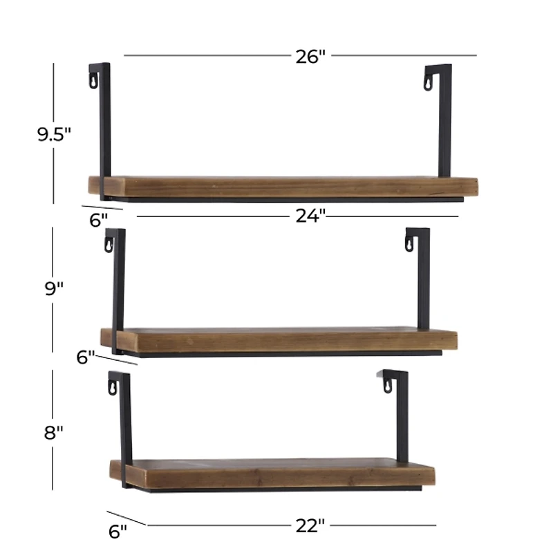 Brown Wood Black Metal Frame 3-pc. Wall Shelves