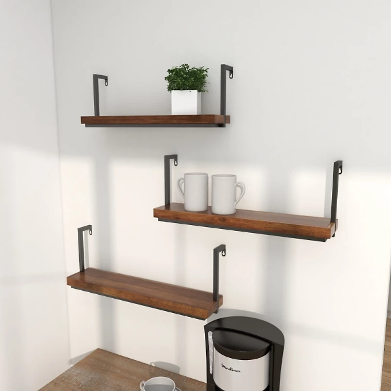 Brown Wood Black Metal Frame 3-pc. Wall Shelves