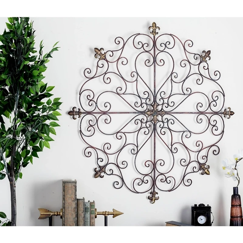 Brown Patina Metal Floral Crest Wall Plaque