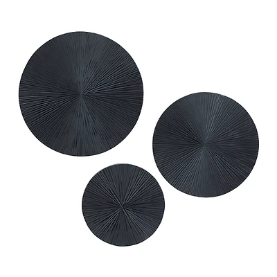 Matte Black Ribbed Sunburst Wall Plates, Set of 3