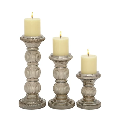 Smoke Gray Glass Pillar Candle Holders, Set of 3