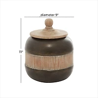 Mahogany Wood and Metal Jar with Lid, 11 in.