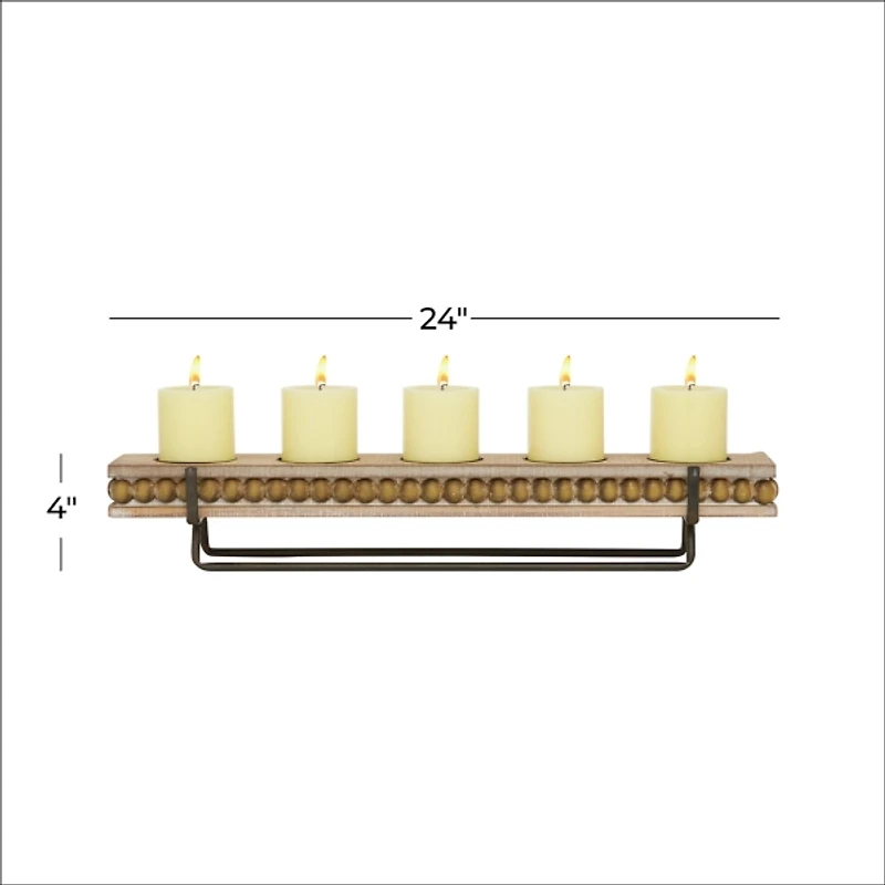 Brown Beaded Wood and Metal Base Candle Holder