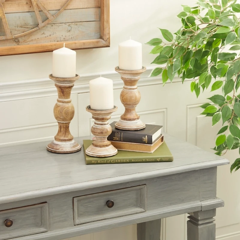 Distressed Wood Pillar Candle Holders, Set of 3