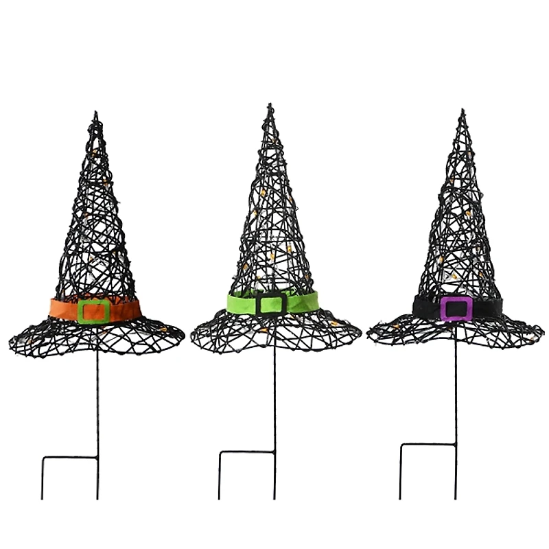Pre-Lit Black Witch Hats 3-pc. Yard Stakes