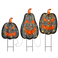 Pre-Lit Black Pumpkin Faces 3-pc. Yard Stakes
