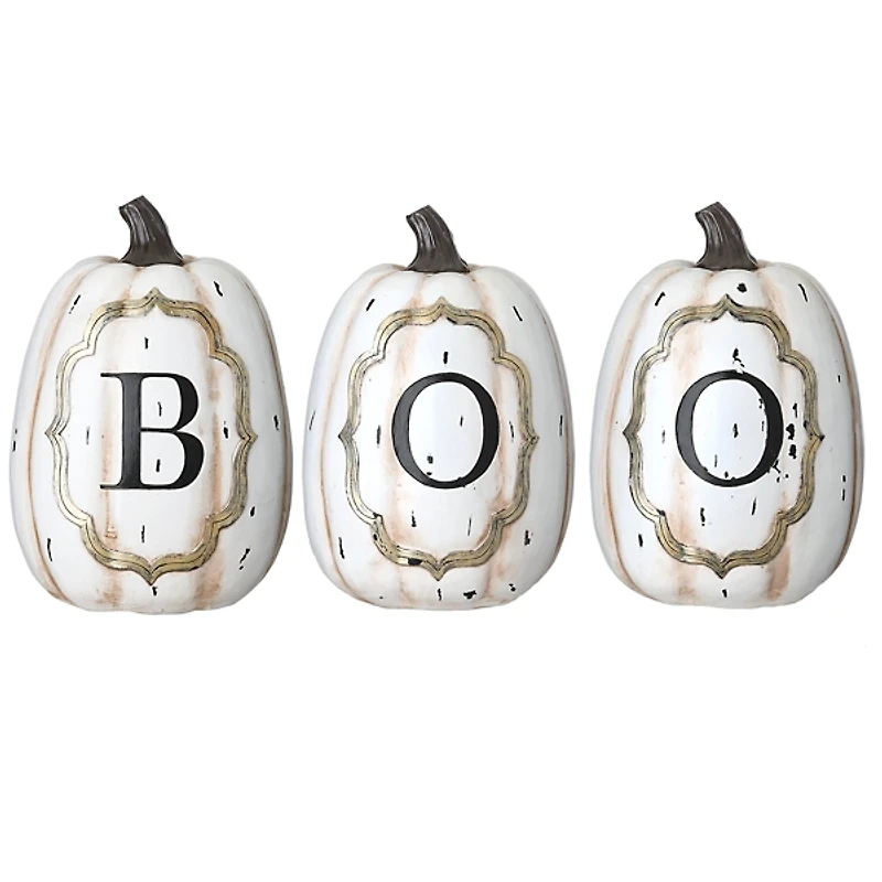 White and Gold Scrollwork Boo Pumpkins, Set of 3