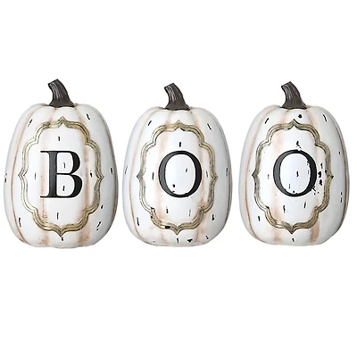 White and Gold Scrollwork Boo Pumpkins, Set of 3