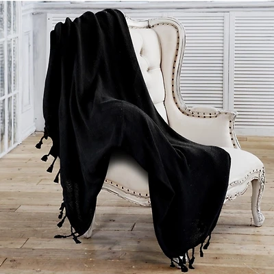 Black Checkered Weave Fringe Throw