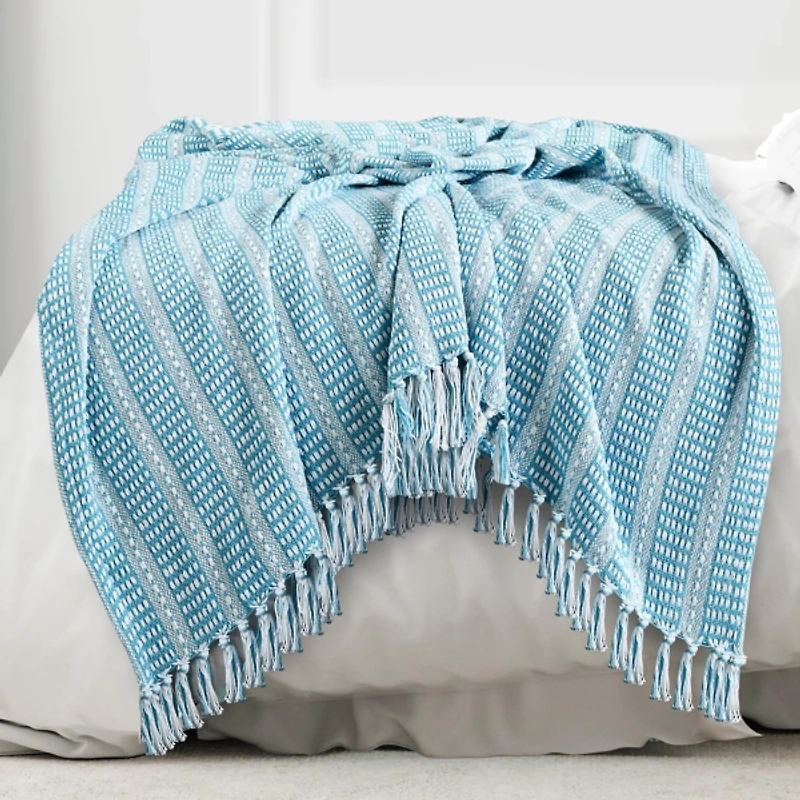 Maui Blue Striped Fringe Throw