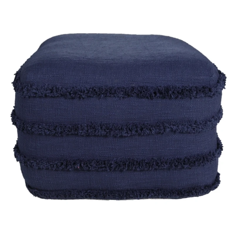 Navy Blue Tufted Stripe Cotton Square Pouf