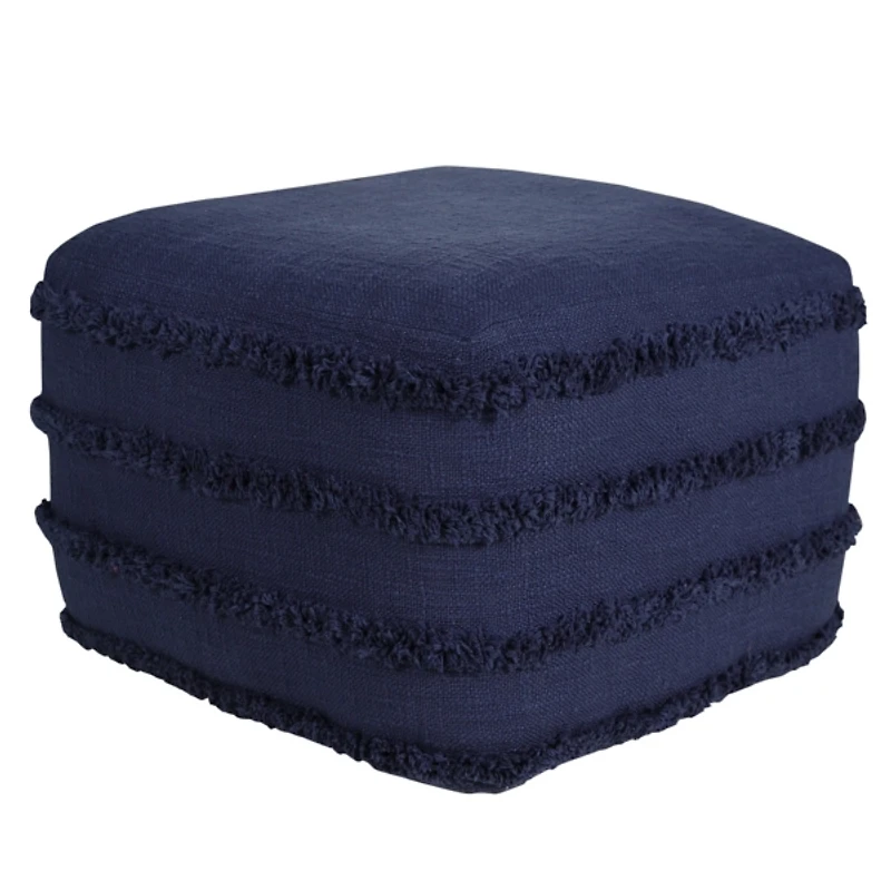 Navy Blue Tufted Stripe Cotton Square Pouf