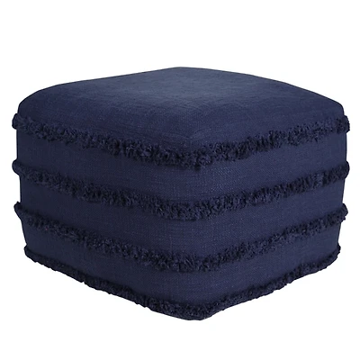 Navy Blue Tufted Stripe Cotton Square Pouf