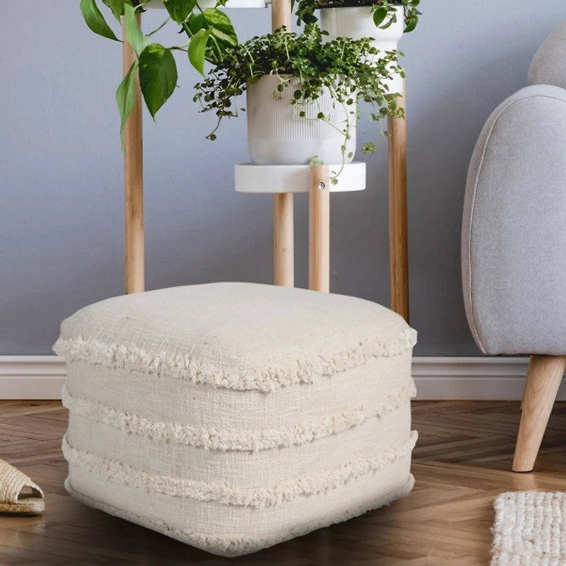 Pale Beige Tufted Stripe Cotton Square Pouf