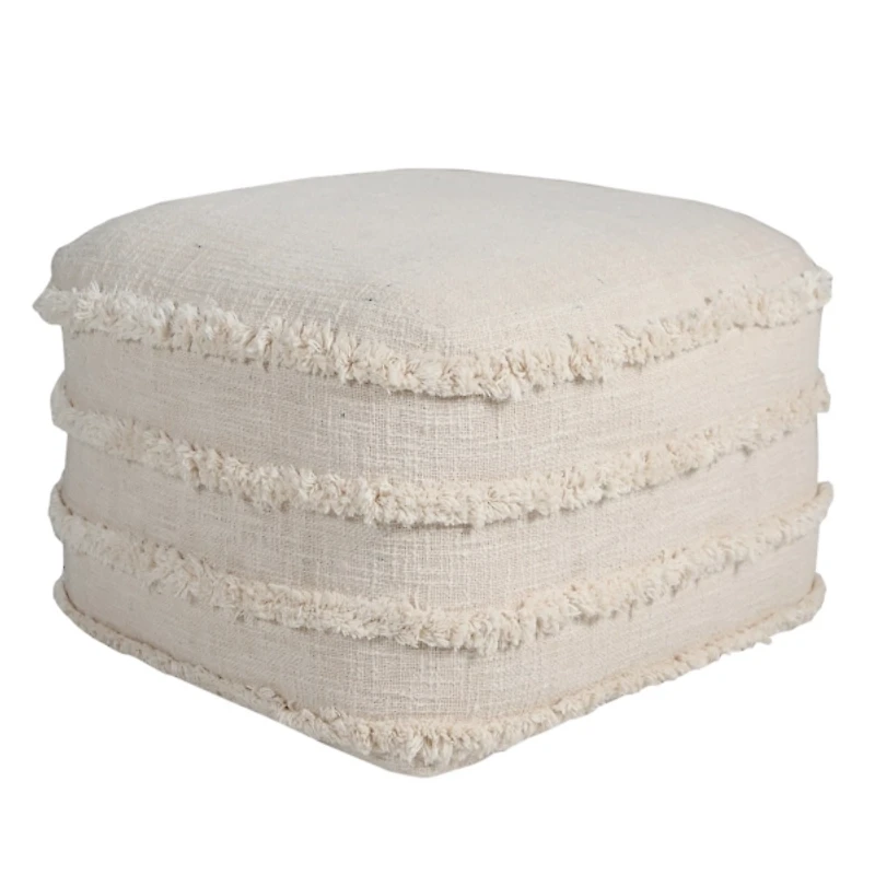 Pale Beige Tufted Stripe Cotton Square Pouf