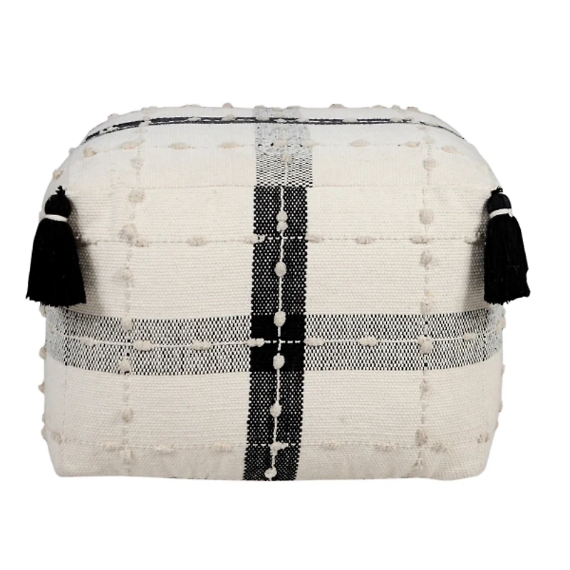 Black and Ivory Textured Plaid Pouf