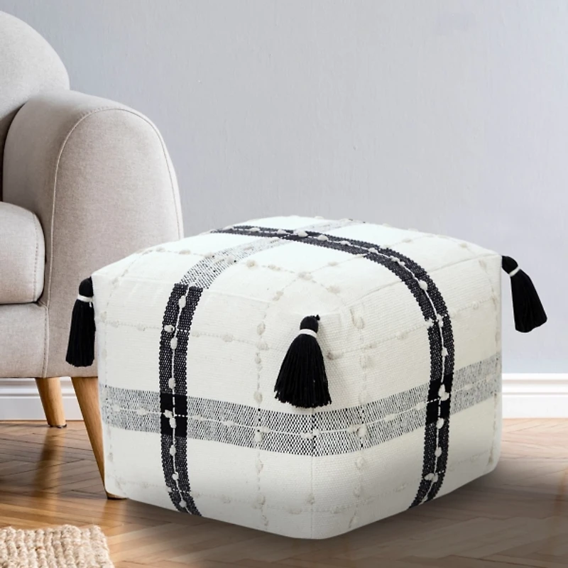 Black and Ivory Textured Plaid Pouf