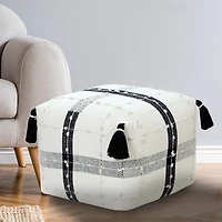 Black and Ivory Textured Plaid Pouf