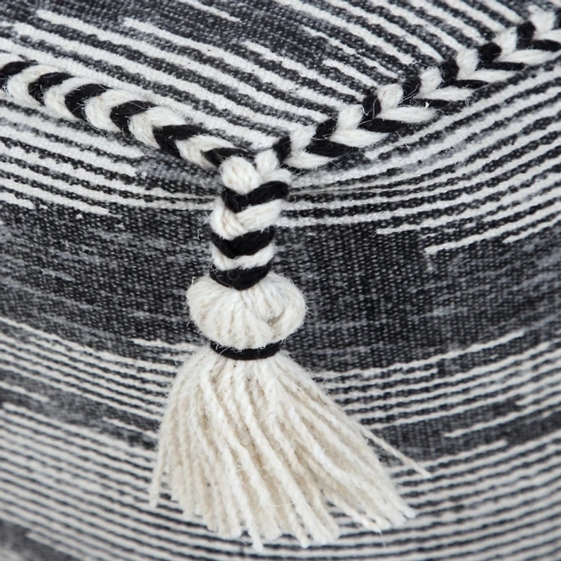 Dark Gray Tasseled Static Geo Cotton Square Pouf