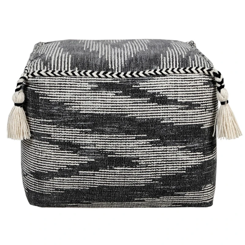 Dark Gray Tasseled Static Geo Cotton Square Pouf