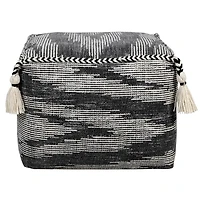 Dark Gray Tasseled Static Geo Cotton Square Pouf