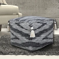 Dark Gray Tasseled Static Geo Cotton Square Pouf