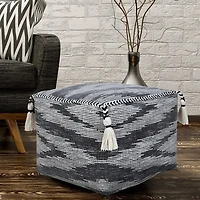 Dark Gray Tasseled Static Geo Cotton Square Pouf