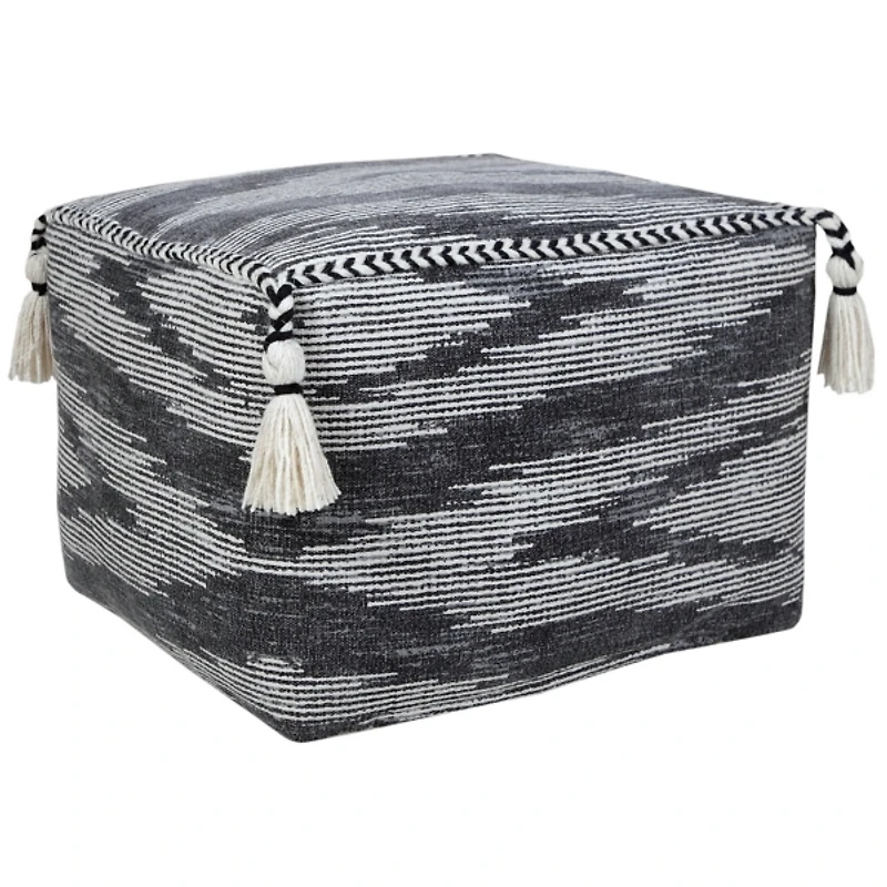 Dark Gray Tasseled Static Geo Cotton Square Pouf