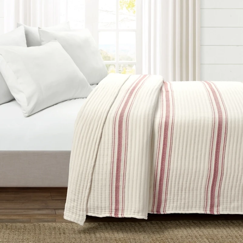 Cherry Red Pick Stitch Stripe Queen Quilt