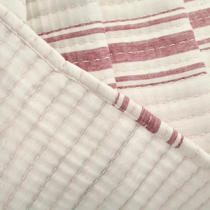 Cherry Red Pick Stitch Stripe Queen Quilt