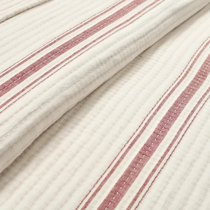 Cherry Red Pick Stitch Stripe Queen Quilt