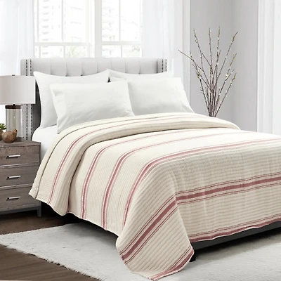 Cherry Red Pick Stitch Stripe King Quilt