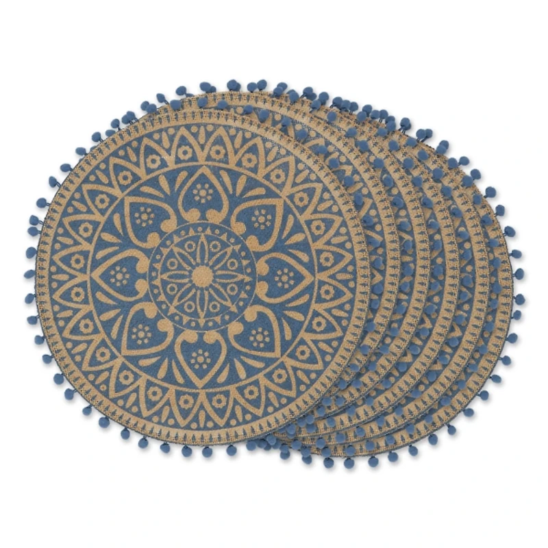 Blue and Natural Print Round Placemats, Set of 6