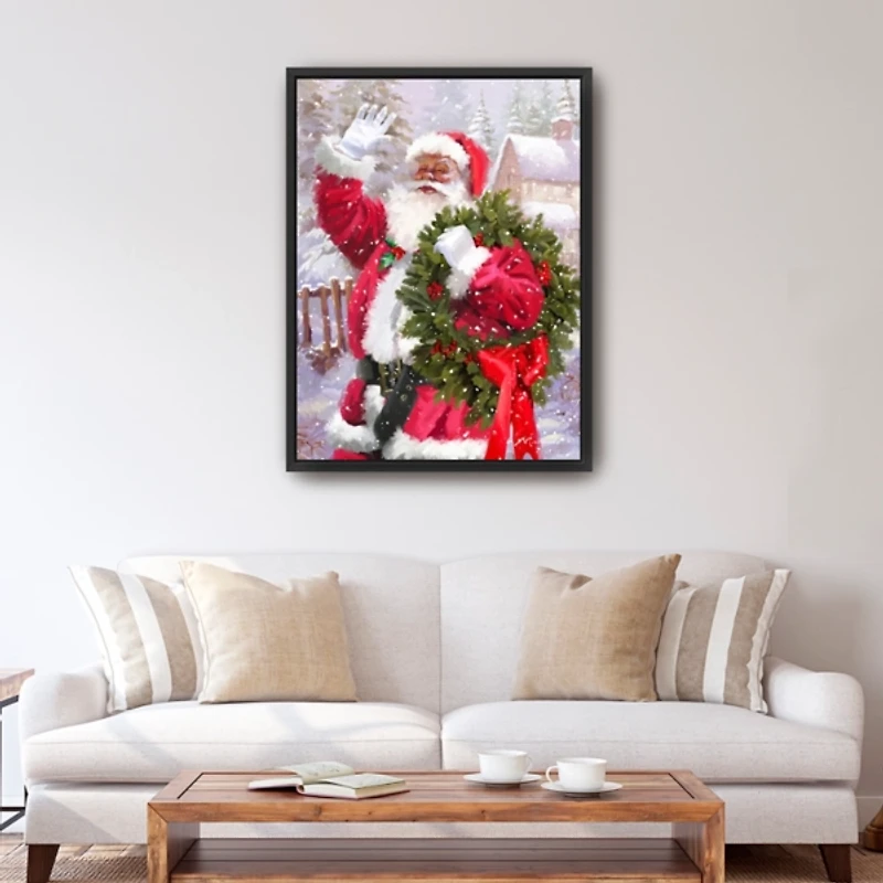 Waving Santa Wreath Framed Canvas Art Print
