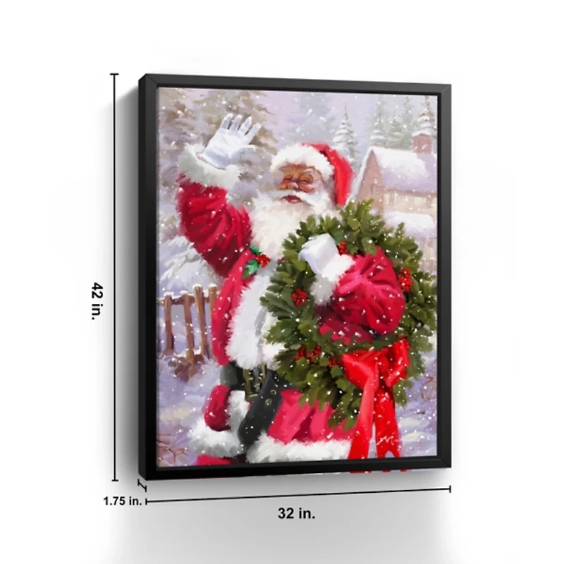 Waving Santa Wreath Framed Canvas Art Print