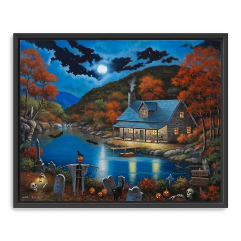 Cabin On Lake Graveyard Framed Canvas Art Print