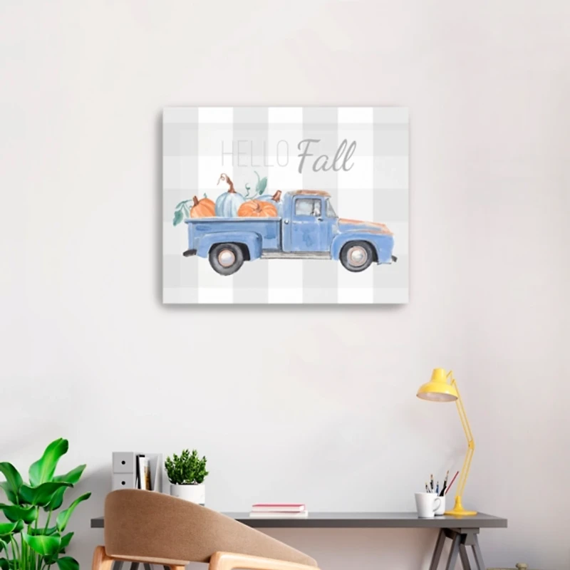 Blue Checkered Pumpkin Truck Canvas Wall Art