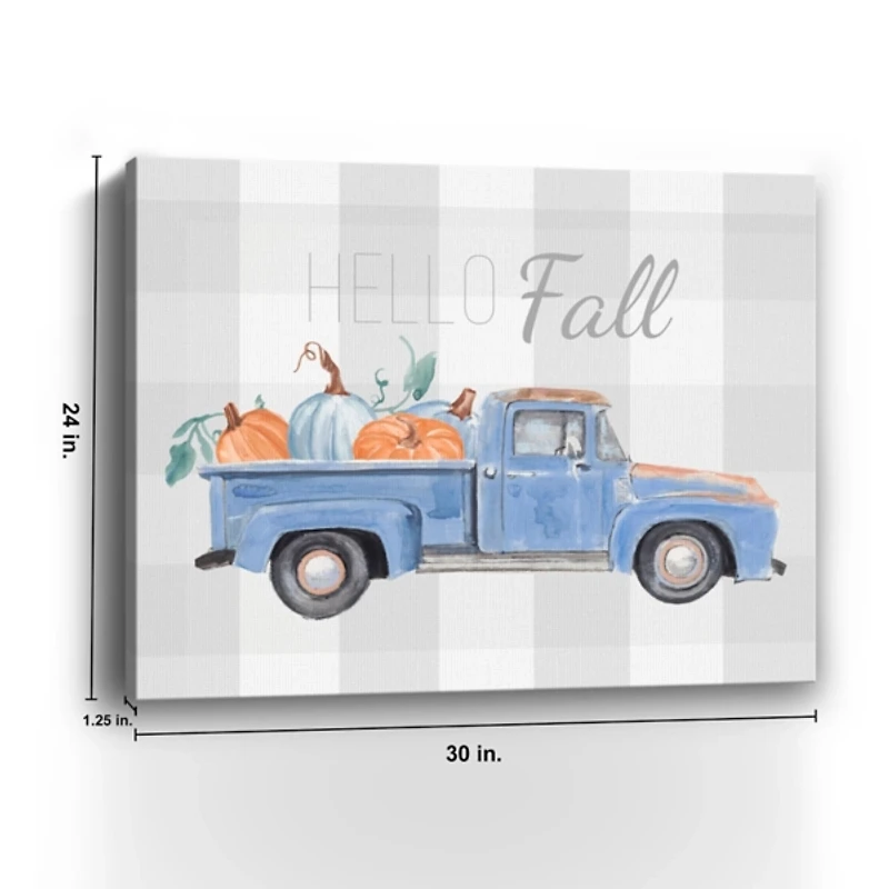 Blue Checkered Pumpkin Truck Canvas Wall Art