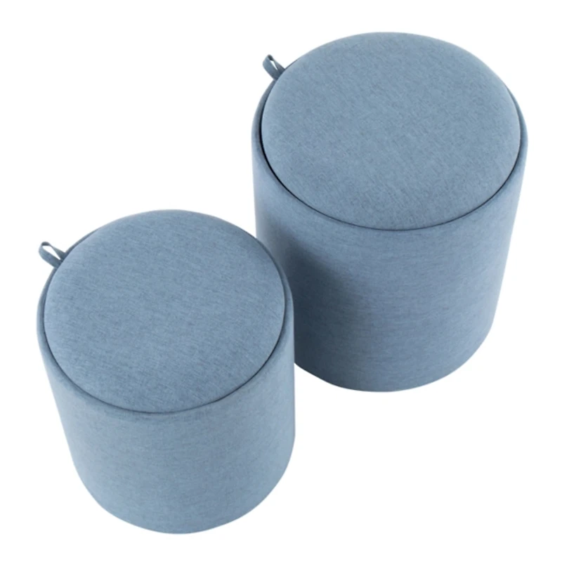 Blue Upholstered Ottomans with Tray Tops, Set of 2