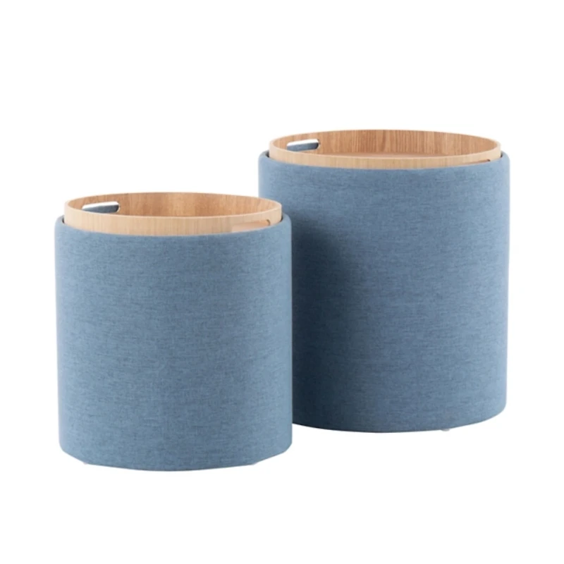 Blue Upholstered Ottomans with Tray Tops, Set of 2