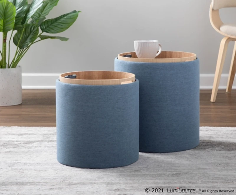 Blue Upholstered Ottomans with Tray Tops, Set of 2