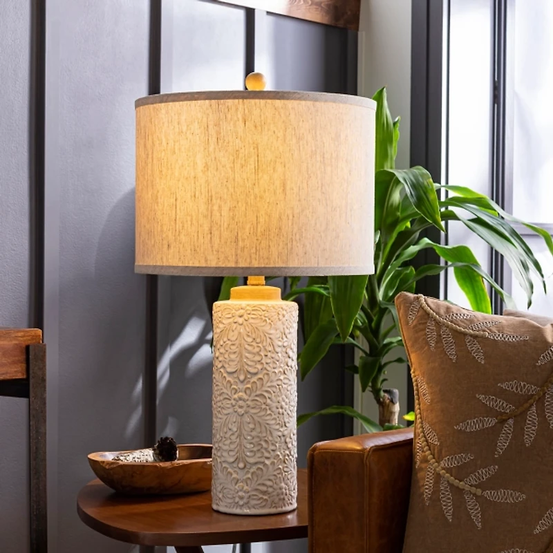 Ivory Embossed Floral Cylinder Table Lamp