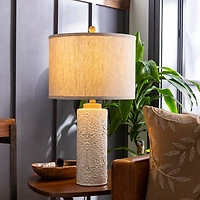 Ivory Embossed Floral Cylinder Table Lamp