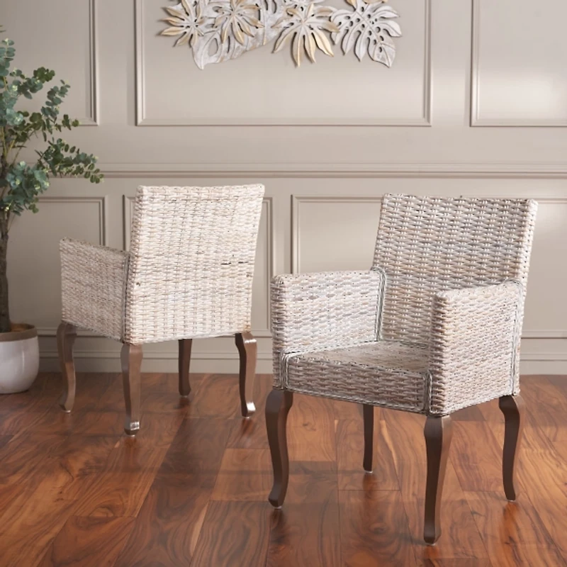 White Rattan Curved Legs Dining Chairs, Set of 2