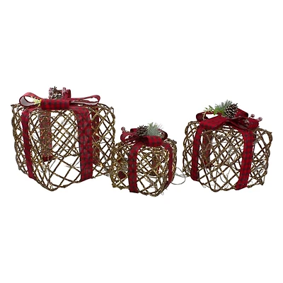 Pre-Lit Rustic Rattan Twig Gift Boxes, Set of 3