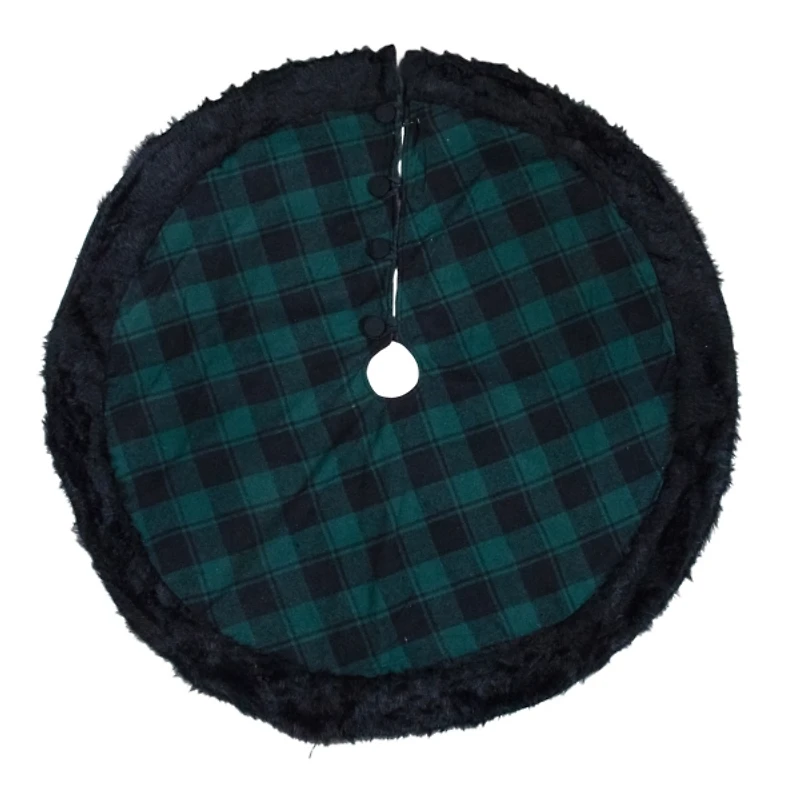 Green and Black Plaid Tree Skirt with Fur Trim