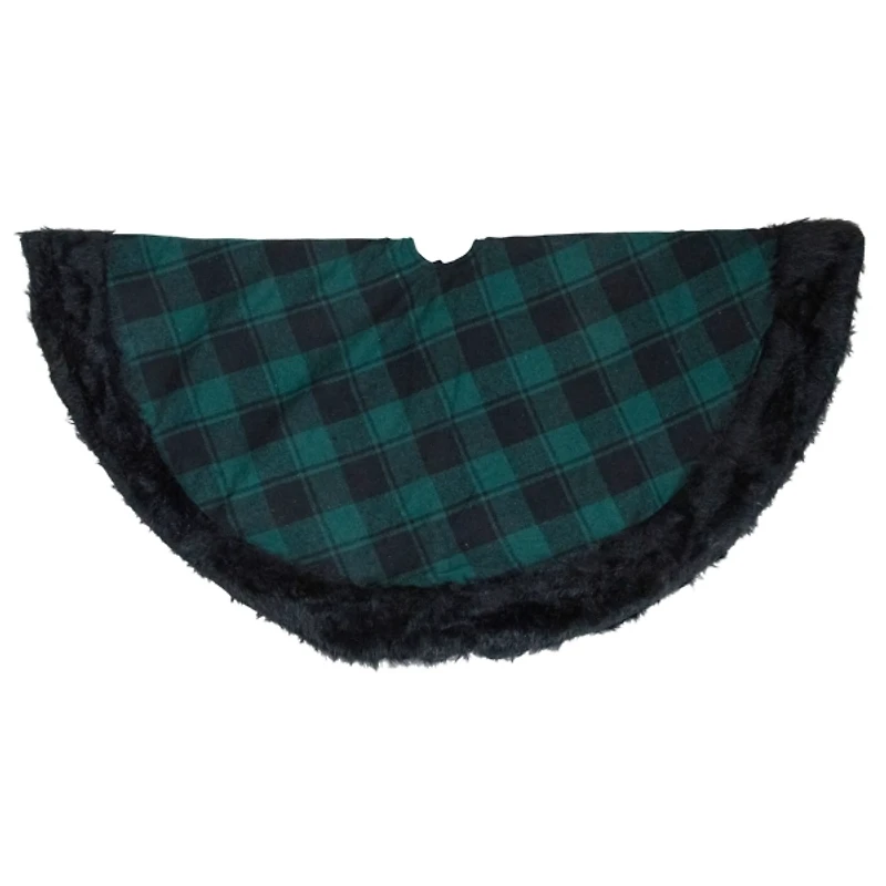 Green and Black Plaid Tree Skirt with Fur Trim