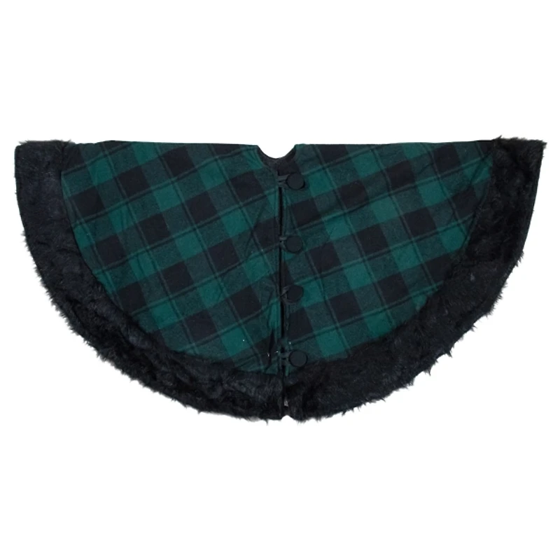 Green and Black Plaid Tree Skirt with Fur Trim